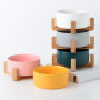 Manufacturer wholesale pet dog cat ceramic bowl with wooden frame multi colors