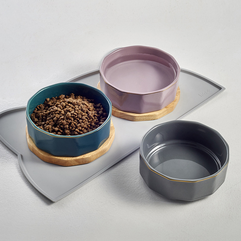 Manufacturer wholesale luxury microwaveable ceramic cat dog bowl with wooden underlay