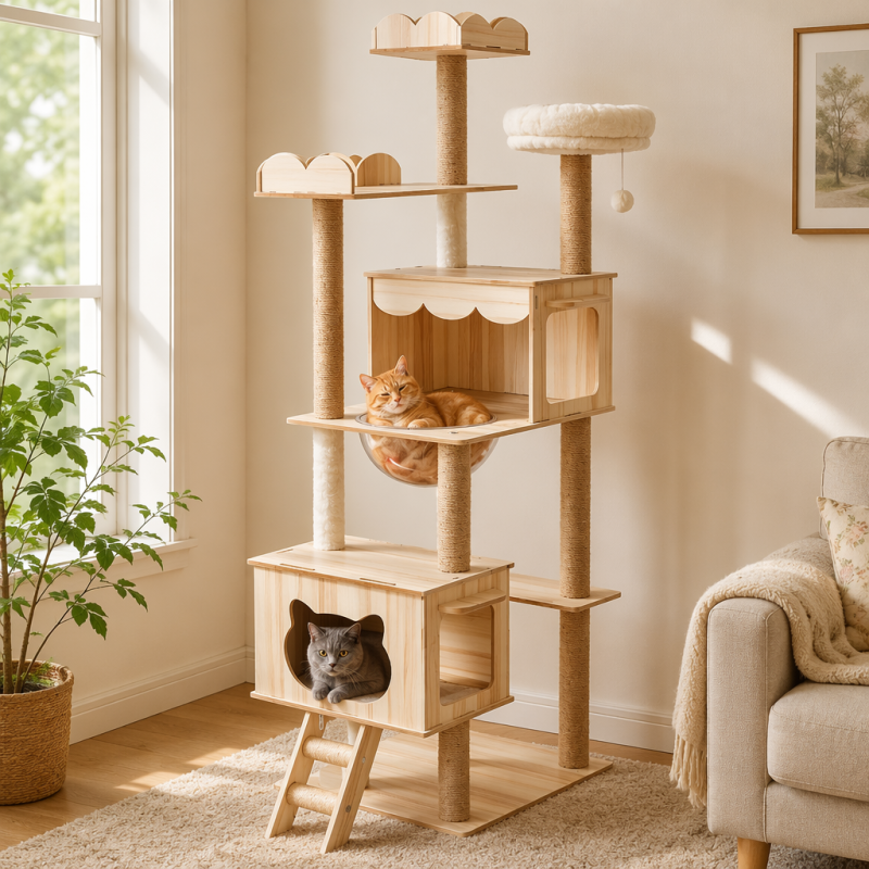 Wholesale Customized Beige Wood Large Cat Tree Tower