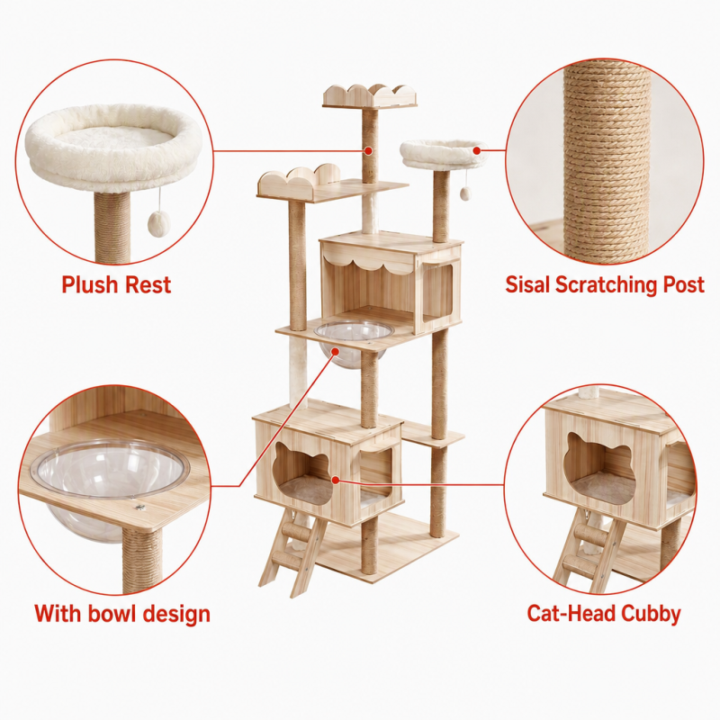 Wholesale Customized Beige Wood Large Cat Tree Tower