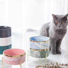 Manufacturer wholesale pink grey blue green marble pattern dog ceramic bowl with golden frame