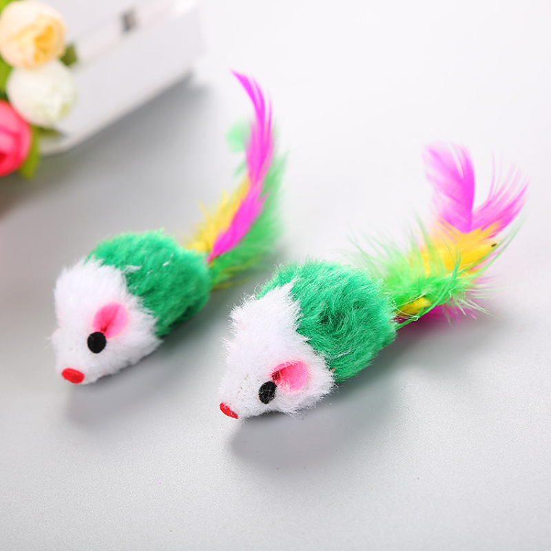 Manufacturer wholesale multi colors plush cat mouse toy with feather
