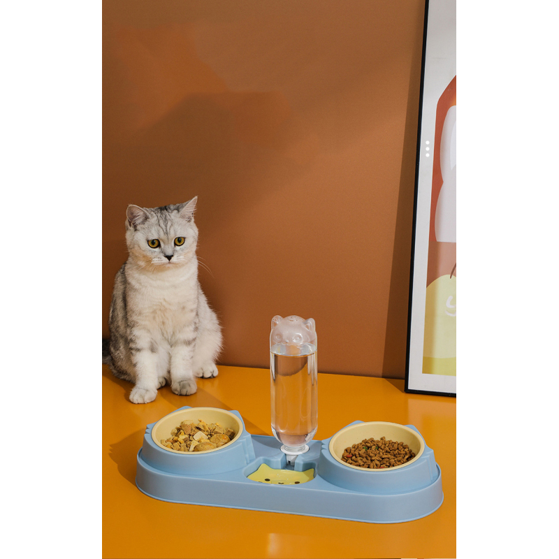 Manufacturer wholesale pet product plastic dog two bowls with water bottle dispenser