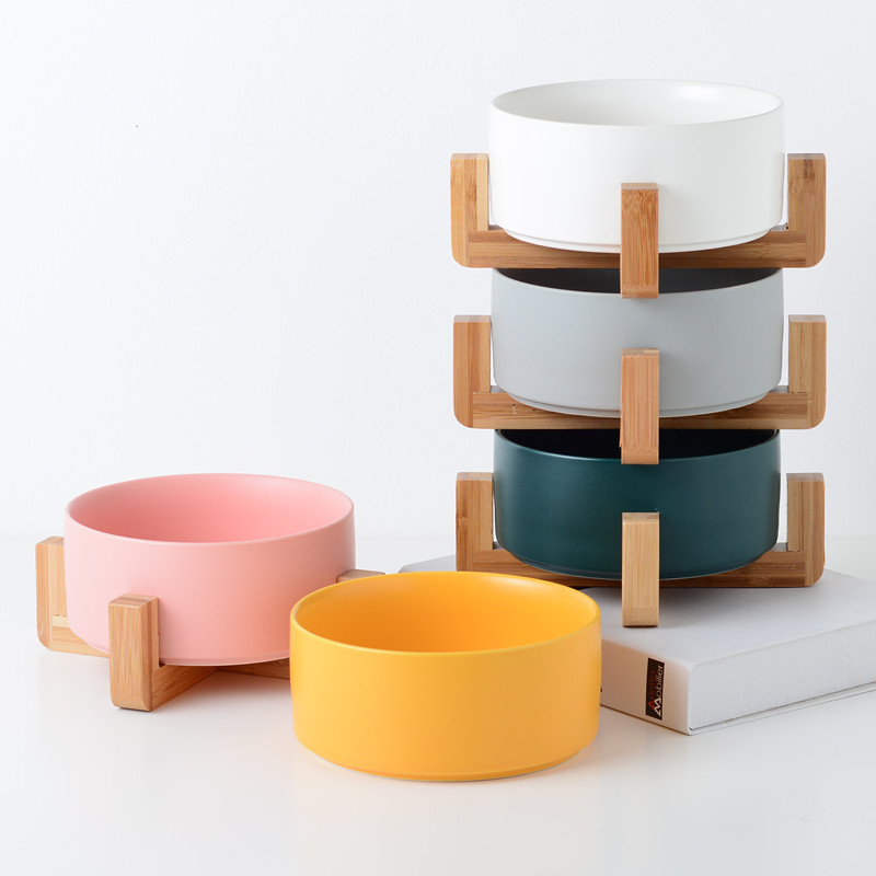 Manufacturer wholesale ceramic pet cat dog bowl wooden frame multi colors