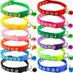 Manufacturer wholesale multi-colors paw print adjustable nylon cat dog collar with bell