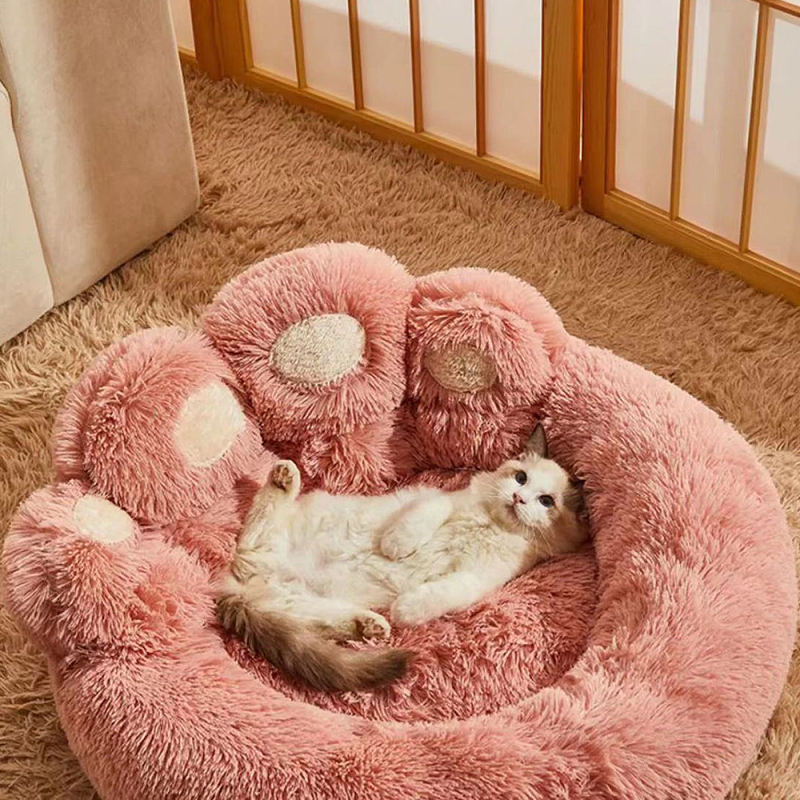Manufacturer wholesale custom logo pet supplier plush dog cat bed bear paw shape