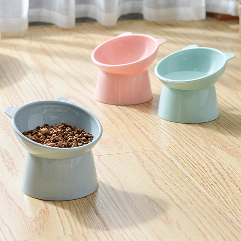 Manufacturer wholesale protect neck pink green blue plastic cat oblique bowl with ear