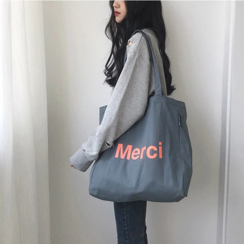 Large Capacity Custom Logo Printed Shoulder Bag Reusable Cotton Canvas Shopping Tote Bag