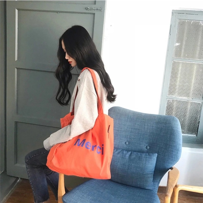 Large Capacity Custom Logo Printed Shoulder Bag Reusable Cotton Canvas Shopping Tote Bag