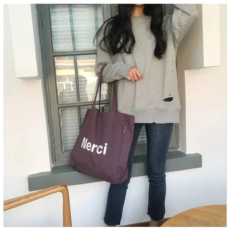 Large Capacity Custom Logo Printed Shoulder Bag Reusable Cotton Canvas Shopping Tote Bag