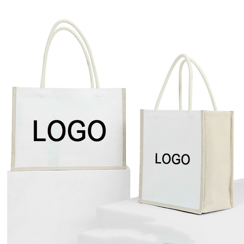 Custom logo print plain burlap jute tote waterproof canvas cotton shopping bag