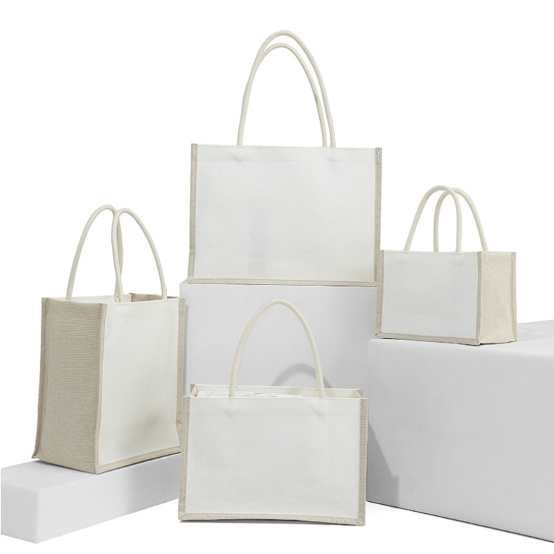 Custom logo print plain burlap jute tote waterproof canvas cotton shopping bag