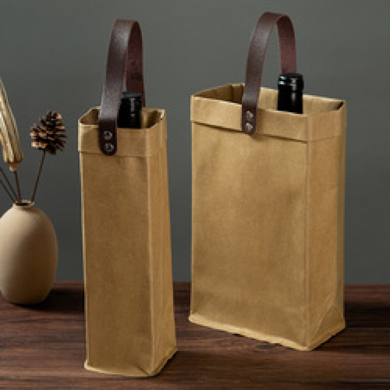High Quality Handmade Washable Gift Wine 1/2 Bottle Kraft Paper Tote Bag