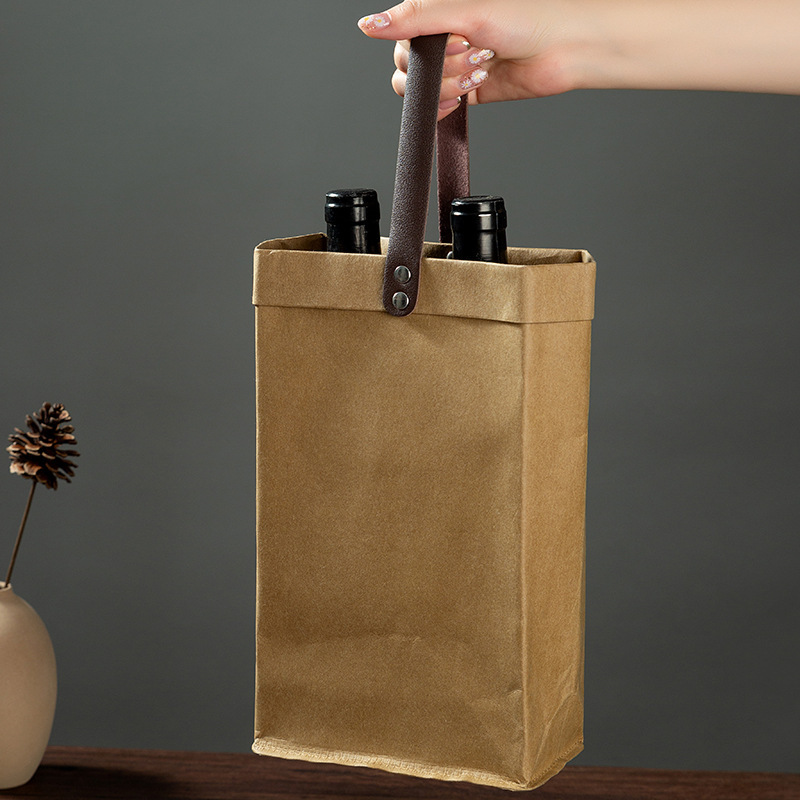 High Quality Handmade Washable Gift Wine 1/2 Bottle Kraft Paper Tote Bag