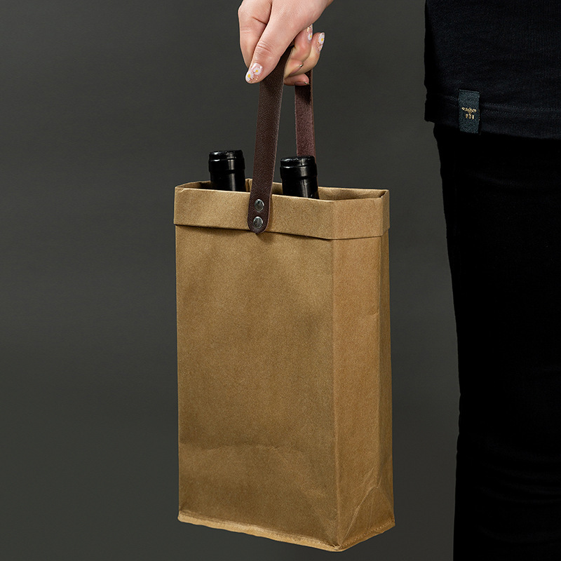 High Quality Handmade Washable Gift Wine 1/2 Bottle Kraft Paper Tote Bag