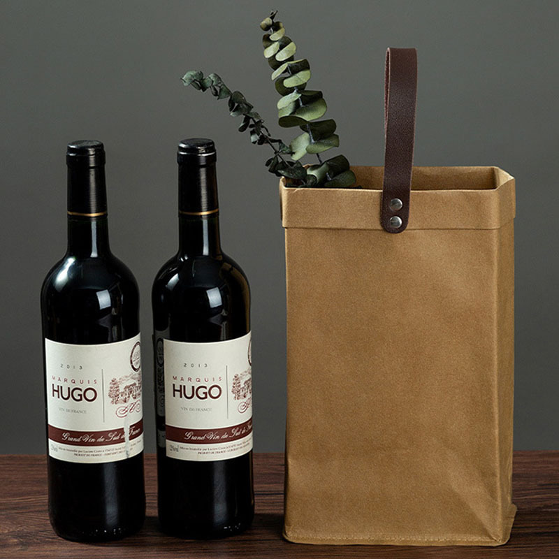 High Quality Handmade Washable Gift Wine 1/2 Bottle Kraft Paper Tote Bag
