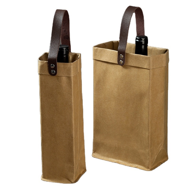High Quality Handmade Washable Gift Wine 1/2 Bottle Kraft Paper Tote Bag