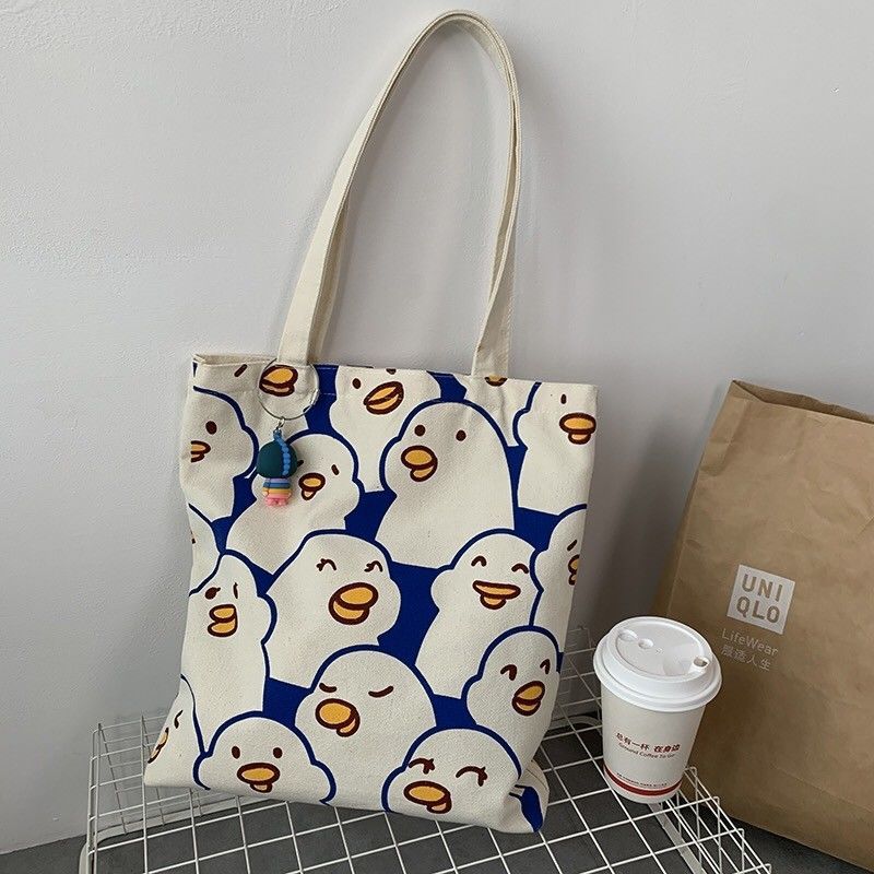 2022 New Arrival Women Fashion Cute Cartoon Printed Canvas Shoulder Shopping Tote Bag