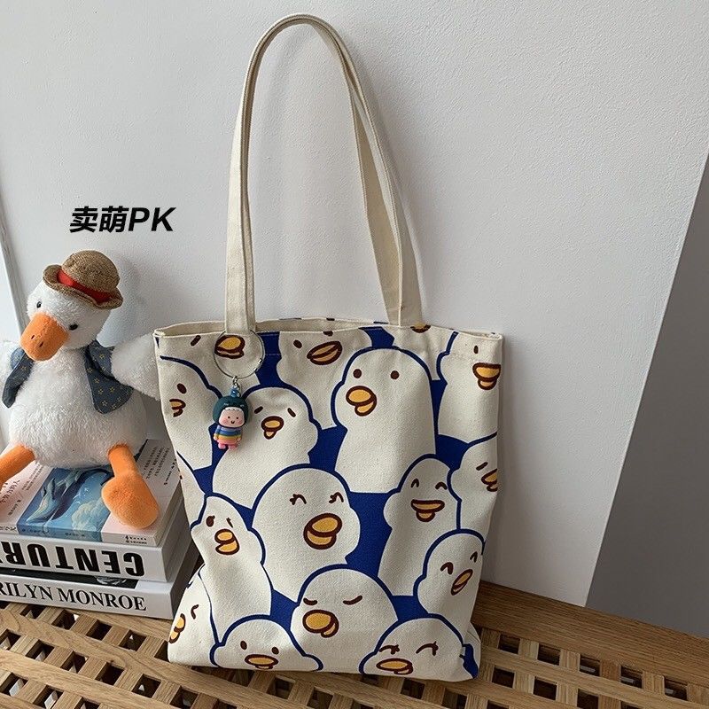2022 New Arrival Women Fashion Cute Cartoon Printed Canvas Shoulder Shopping Tote Bag