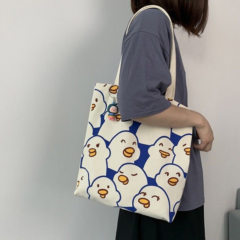 2022 New Arrival Women Fashion Cute Cartoon Printed Canvas Shoulder Shopping Tote Bag