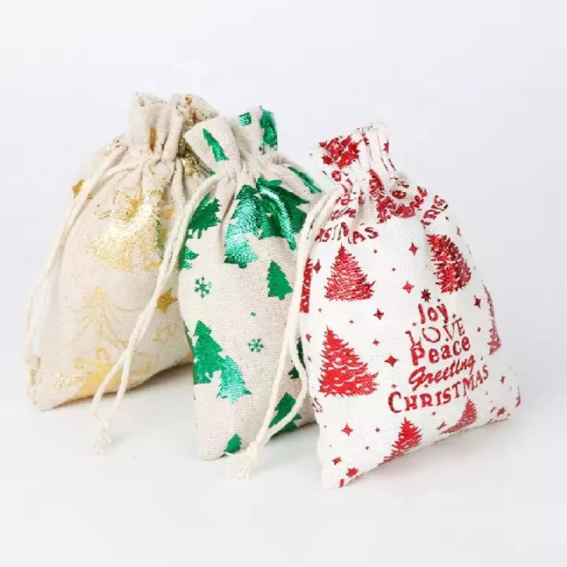 Factory wholesale christmas pouch small organic cotton drawstring gift bag with custom printed logo