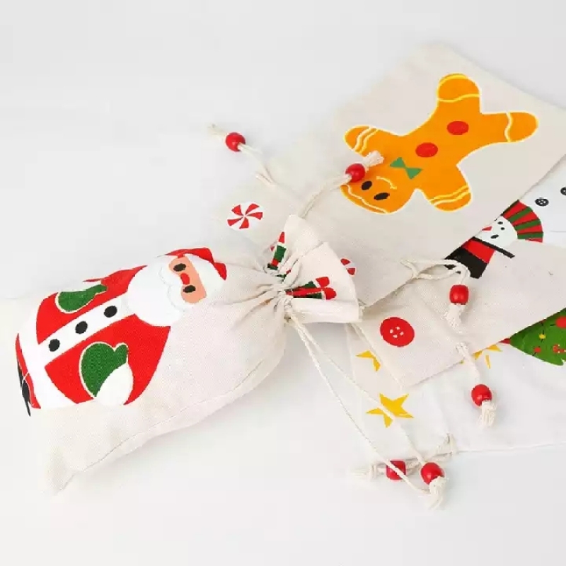 Factory wholesale christmas pouch small organic cotton drawstring gift bag with custom printed logo