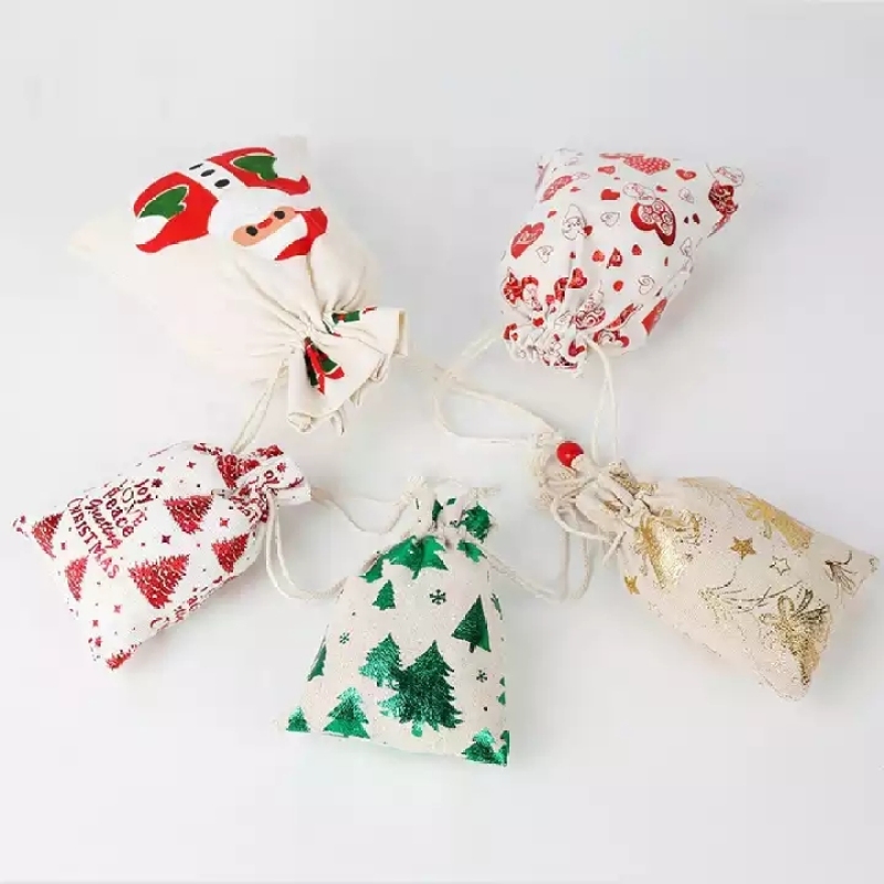 Factory wholesale christmas pouch small organic cotton drawstring gift bag with custom printed logo