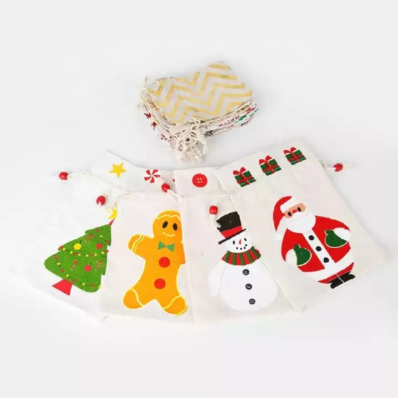 Factory wholesale christmas pouch small organic cotton drawstring gift bag with custom printed logo