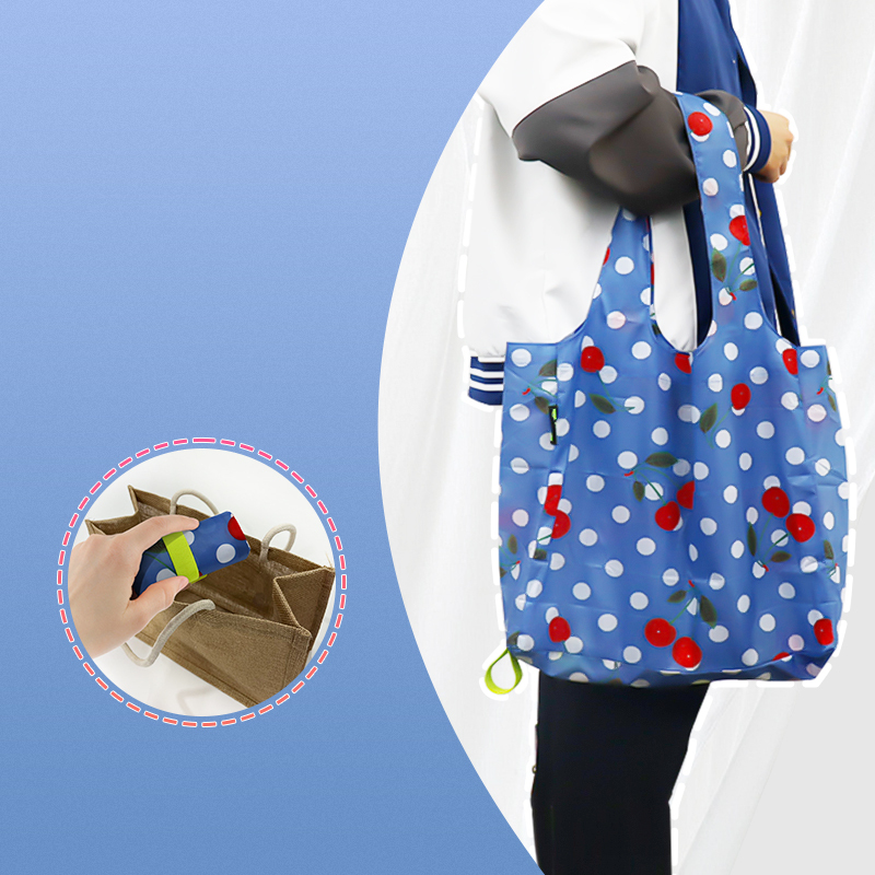 Customized  Expandable Folding Tote Bag Large  Capacity Reusable 190T Polyester Foldable Grocery Shopping Tote Bag