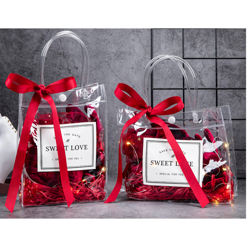 Cheap Transparent Clear Handle PVC Gift Packaging Customized Plastic Shopping Bags With Logos