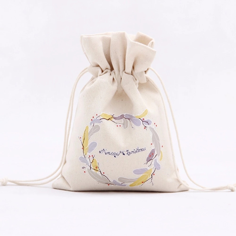christmas custom printed small canvas cotton drawstring gift pouch bags