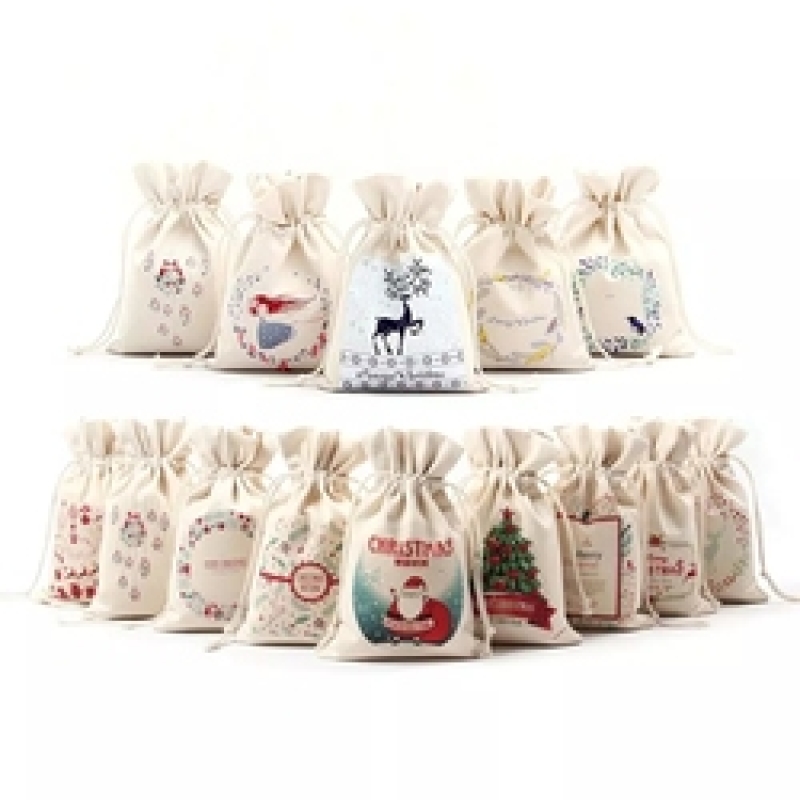 christmas custom printed small canvas cotton drawstring gift pouch bags