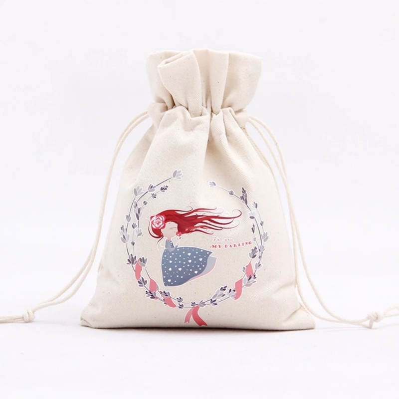 christmas custom printed small canvas cotton drawstring gift pouch bags