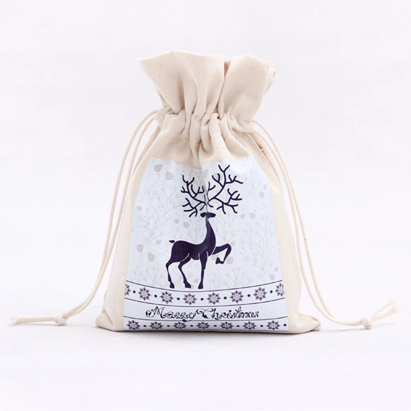 christmas custom printed small canvas cotton drawstring gift pouch bags