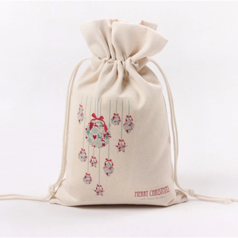 christmas custom printed small canvas cotton drawstring gift pouch bags
