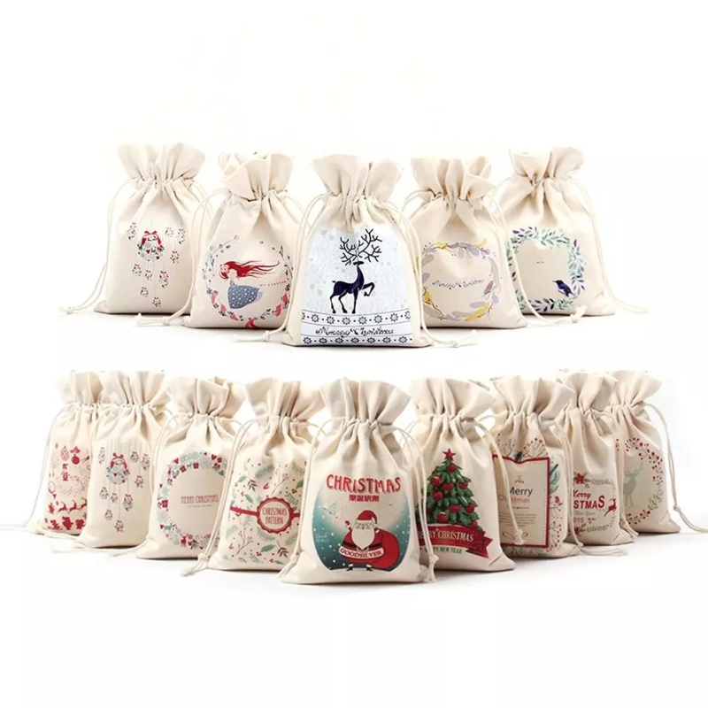 christmas custom printed small canvas cotton drawstring gift pouch bags