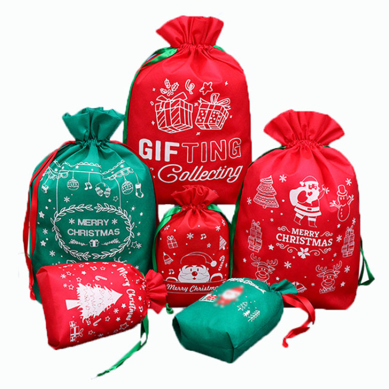 amazon hot selling custom printing christmas candy non woven drawstring gift bag