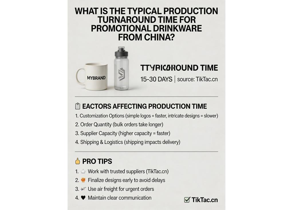 What is the typical production turnaround time for promotional drinkware from China?