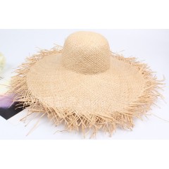 Custom promotion hot panama Floppy wide rim raw edge straw rafi hat