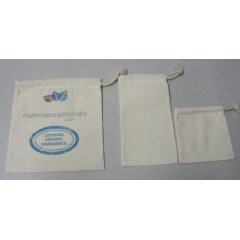 Custom mini organic cotton muslin drawstring bags with logo