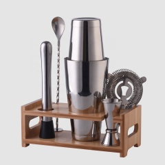 Creation Factory Direct Bamboo Wood Holder Frame Bartender Tools New Product Home Silver Stainless Steel Shaker Bar