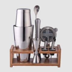 Amazon Top Seller Custom 800ml Stainless Steel Kit Bartender Tools Boston Cocktail Shaker Bar Set With Bamboo Wood Stand