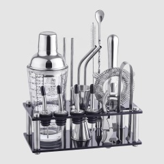 Creation Factory Direct Glass Kit Bartender Barware Stainless Steel Cocktail Shaker Set Bar Tools With Acrylic Frame Stand