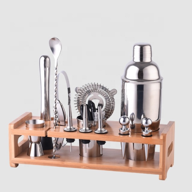 Creation Bamboo Wood Stand Kit Bartender Tools Shakers Cocktail Maker Bar Accessories Set Stainless Steel Cocktail Set Bar Tools