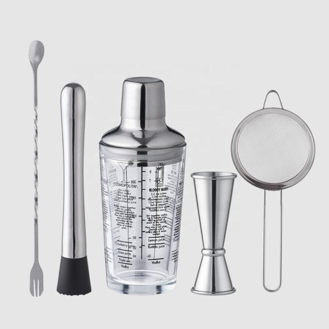 Creation Factory Direct 5Pcs Recipe Glass Insulated Automatic Cocktail Shaker Mixer Set Stainless Steel Bartender Kit