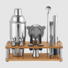 Creation Factory Hot Sale 25OZ Stainless Steel Cocktail Making Set With Bamboo Wood Holder Stand