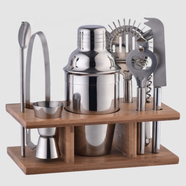 Creation Professional Bamboo Wood Stand 350ml Martini Cocktail Shaker Factory Stainless Steel Home Mini Wine Bar Accessory Set