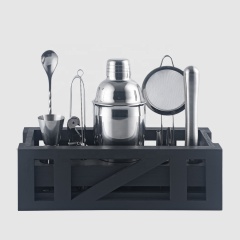 Creation Factory Direct Wholesale Stainless Steel Branded Bar Tools Fancy Cocktail Shaker Set With Wood Frame Stand