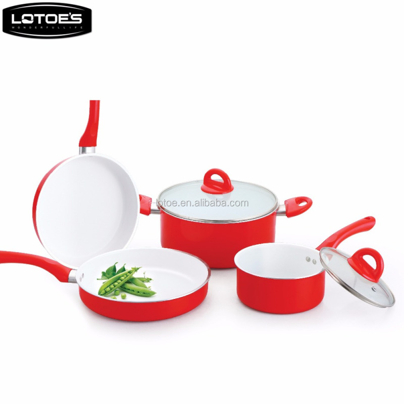 Wuyi LOTOE 6pcs white ceramic aluminium pressed cookware set with induction bottom
