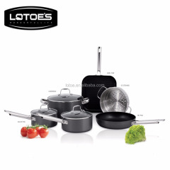 Wuyi Lotoe 9pcs hard anodized non-stick aluminium houshold cookware set with steamer